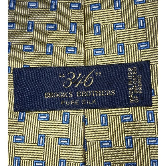 346 Brooks Brothers Pure Silk Neck Tie Gold Blue Geometric Pattern - Picture 3 of 5